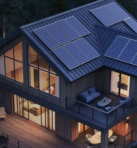 Modern Architectural Building with Glowing Monocrystalline Solar Panels